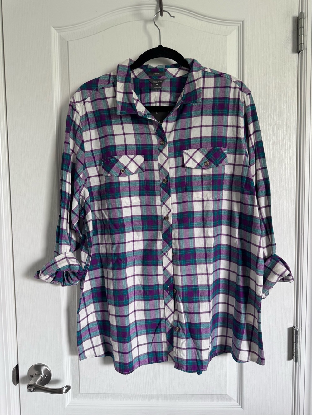 Eddie Bauer White Plaid Button-Down Shirt with Teal and Purple
